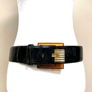 Gail Labelle thick leather embossed black belt Sz L